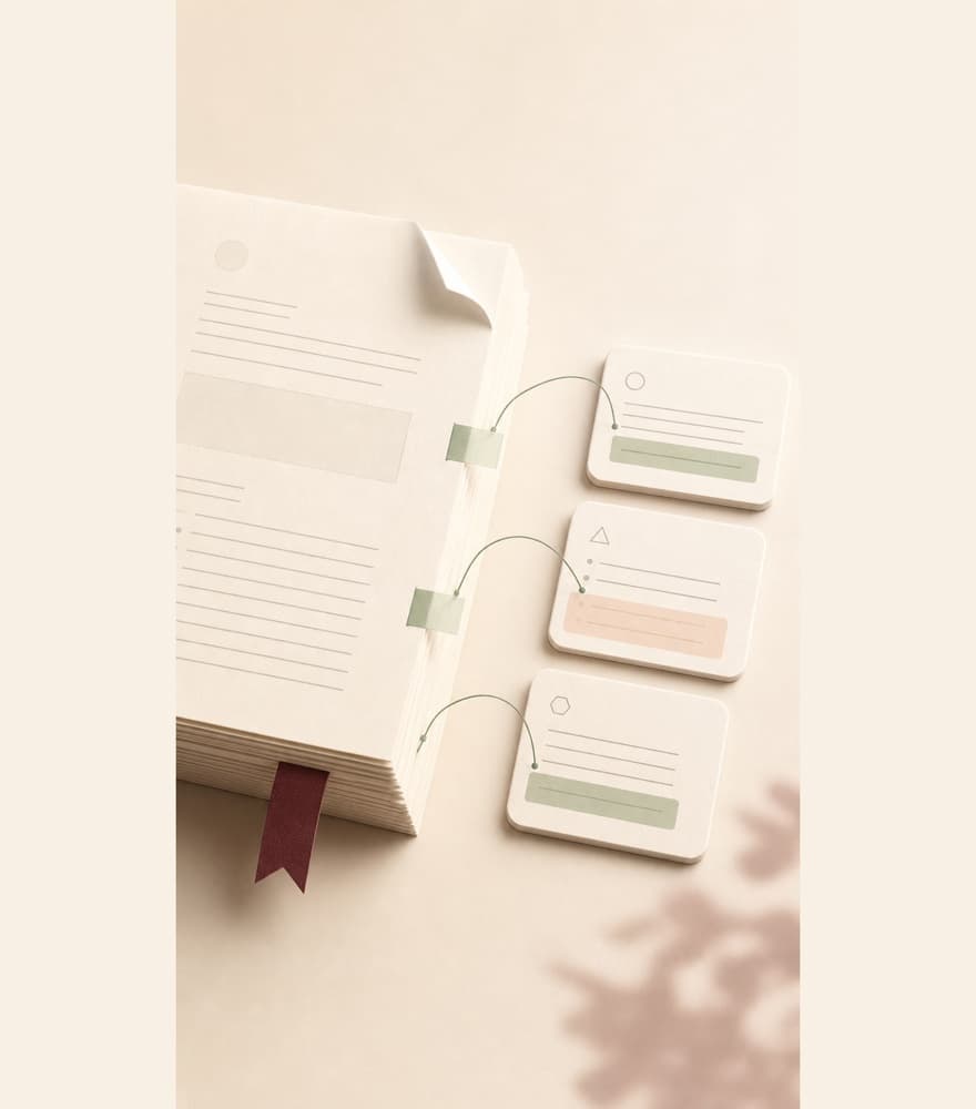 A paper document connected to three generated study cards