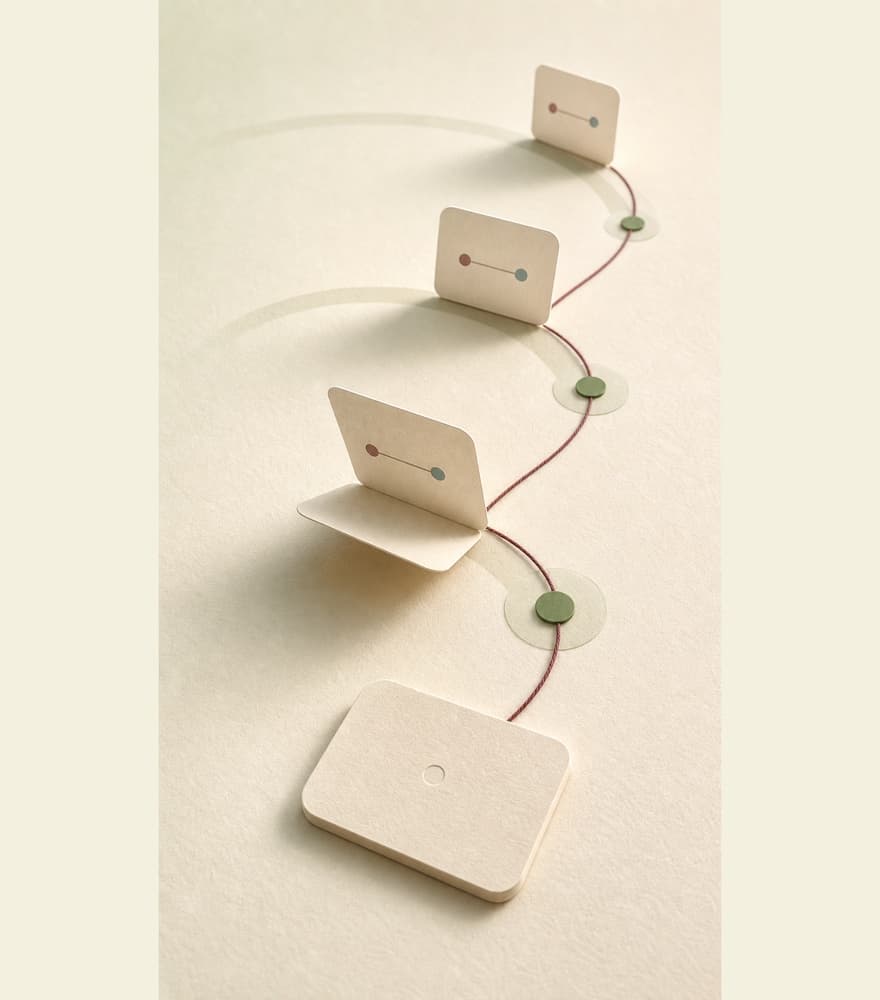 Flashcards arranged along a path with widening review intervals