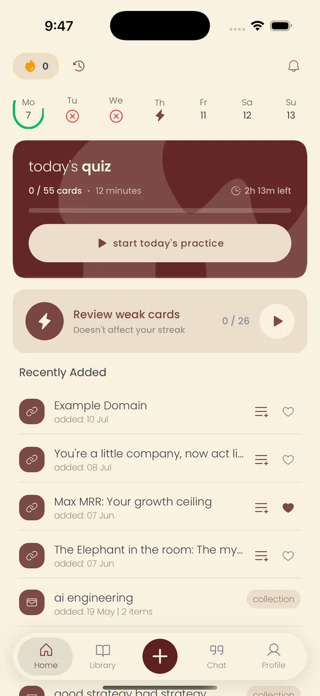 biu app dashboard showing today's quiz, weak cards, and recently added notes